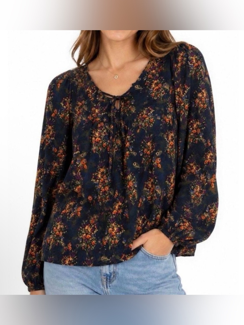 NATURAL LIFE Navy with Dark Multicolor Floral Peasant Blouse - Size XS